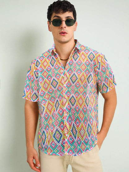 Men Multi Color Geometric Print Crochet Shirt