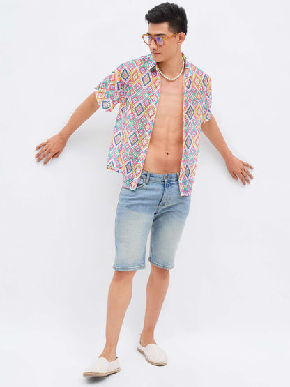 Men Multi Color Geometric Print Crochet Shirt