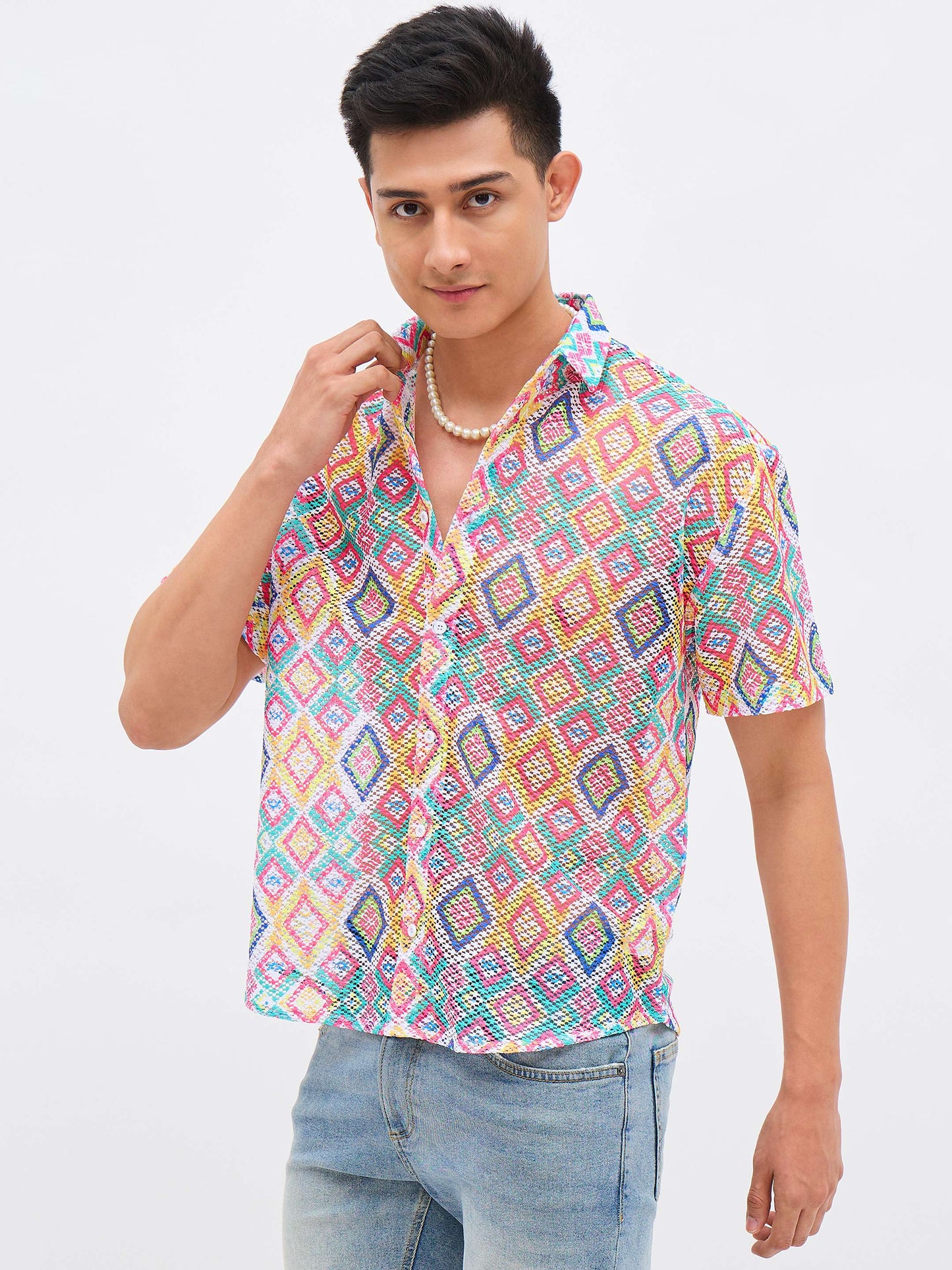 Men Multi Color Geometric Print Crochet Shirt