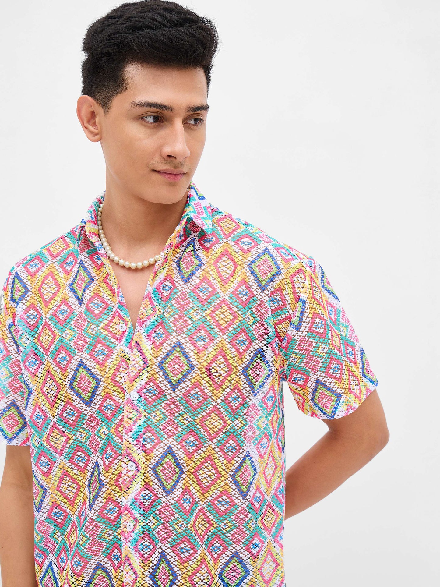 Men Multi Color Geometric Print Crochet Shirt