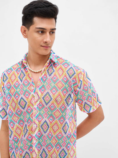 Men Multi Color Geometric Print Crochet Shirt