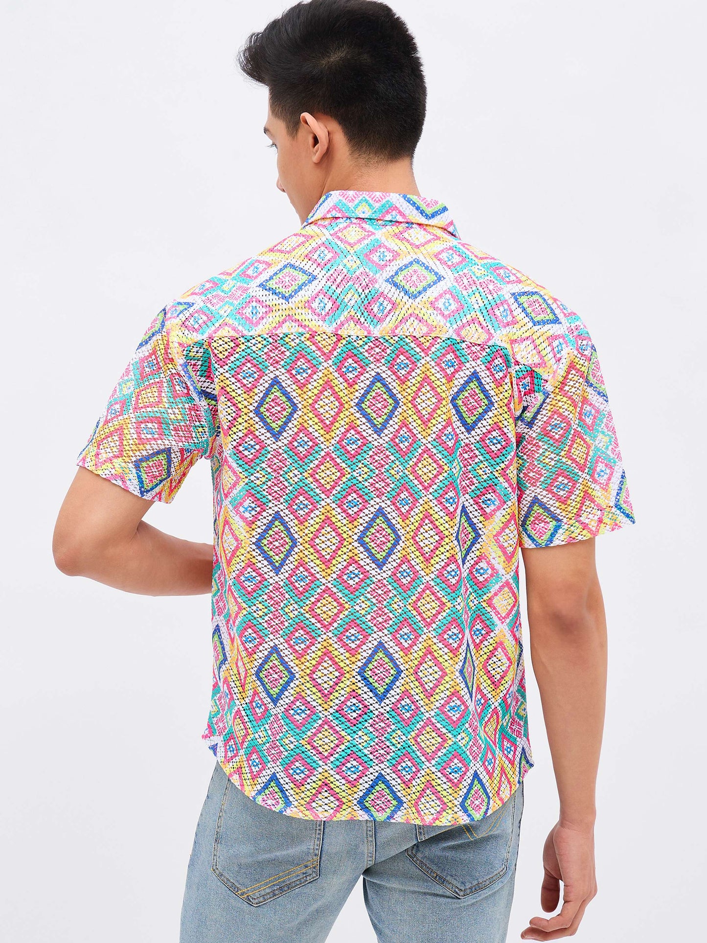 Men Multi Color Geometric Print Crochet Shirt
