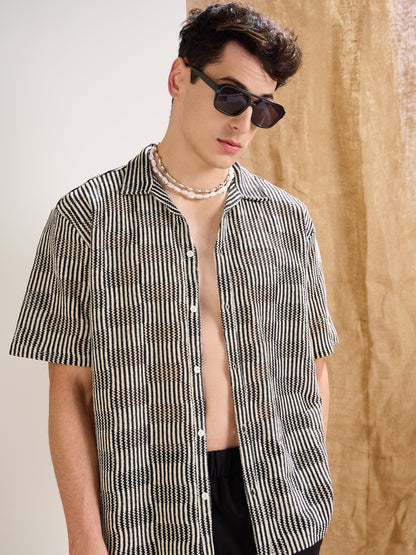 Men Beige & Black Stripes V-Neck Collar Crochet Shirt