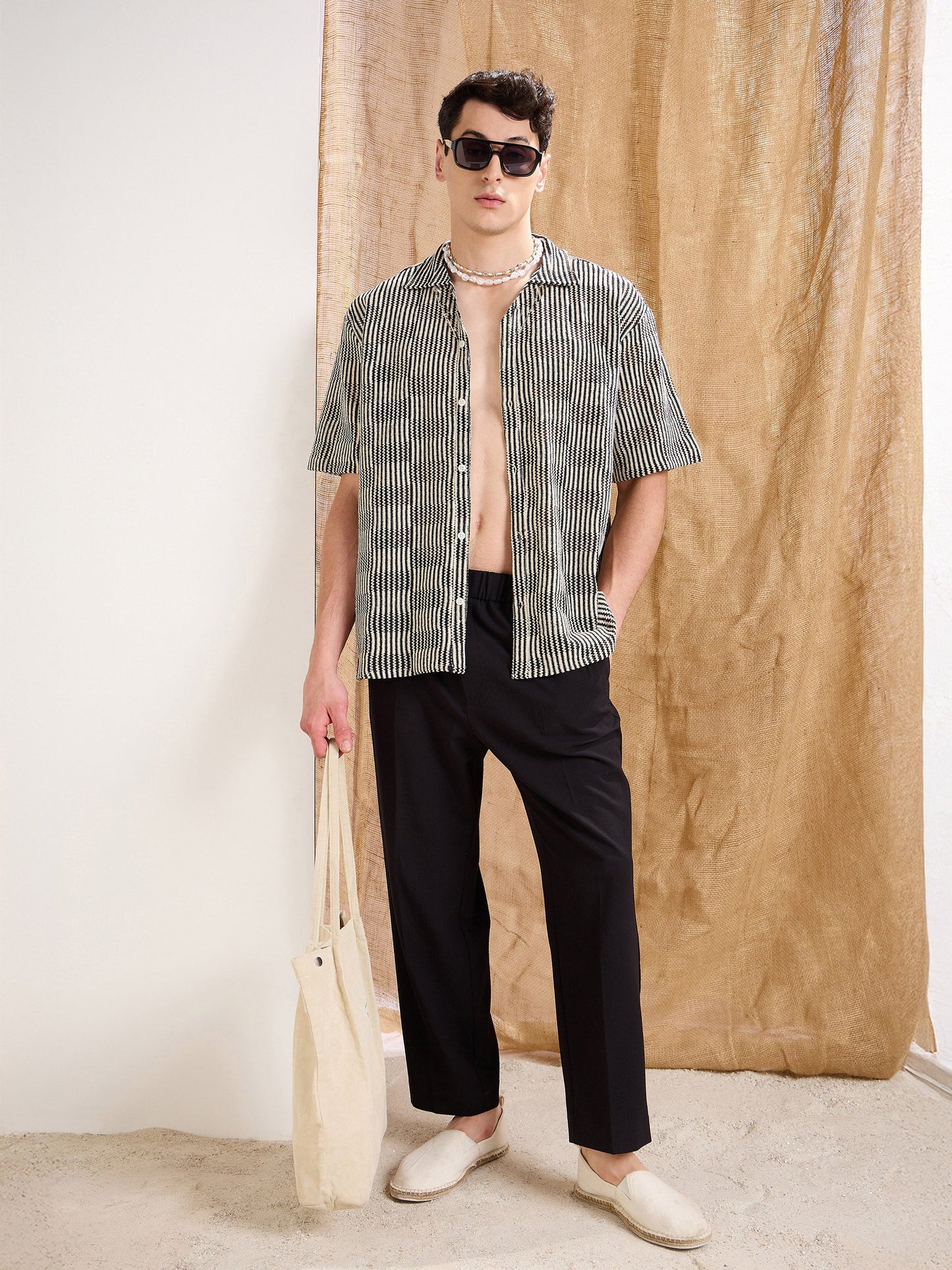 Men Beige & Black Stripes V-Neck Collar Crochet Shirt