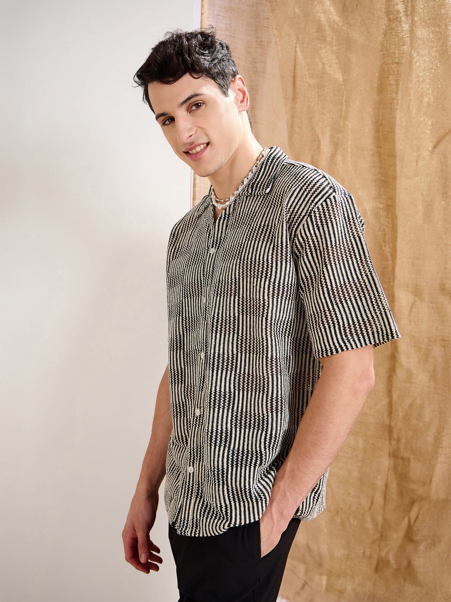 Men Beige & Black Stripes V-Neck Collar Crochet Shirt