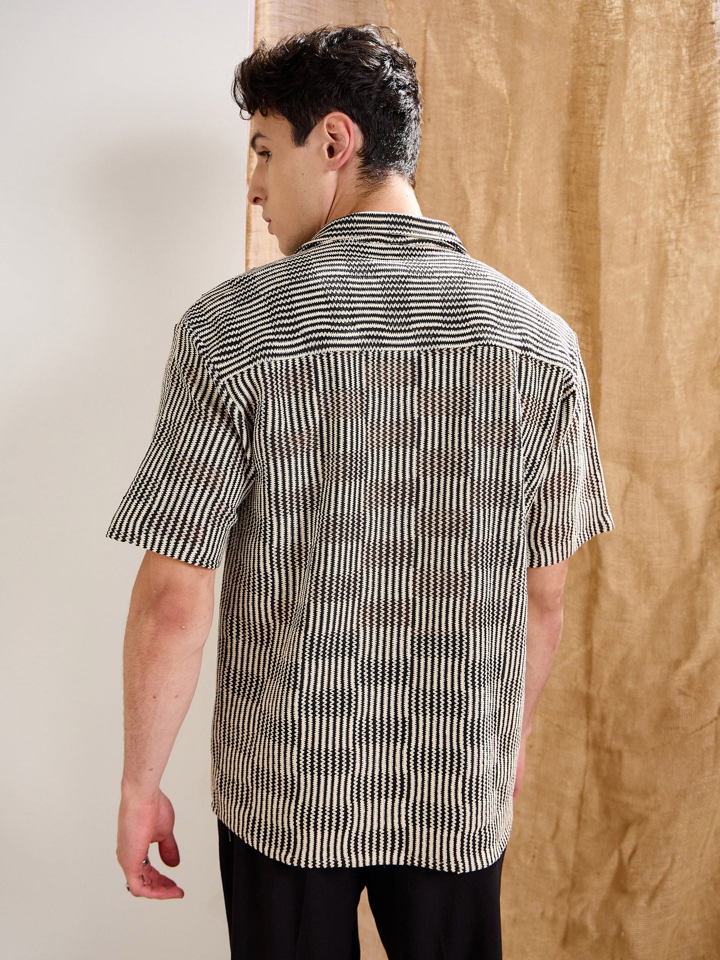 Men Beige & Black Stripes V-Neck Collar Crochet Shirt