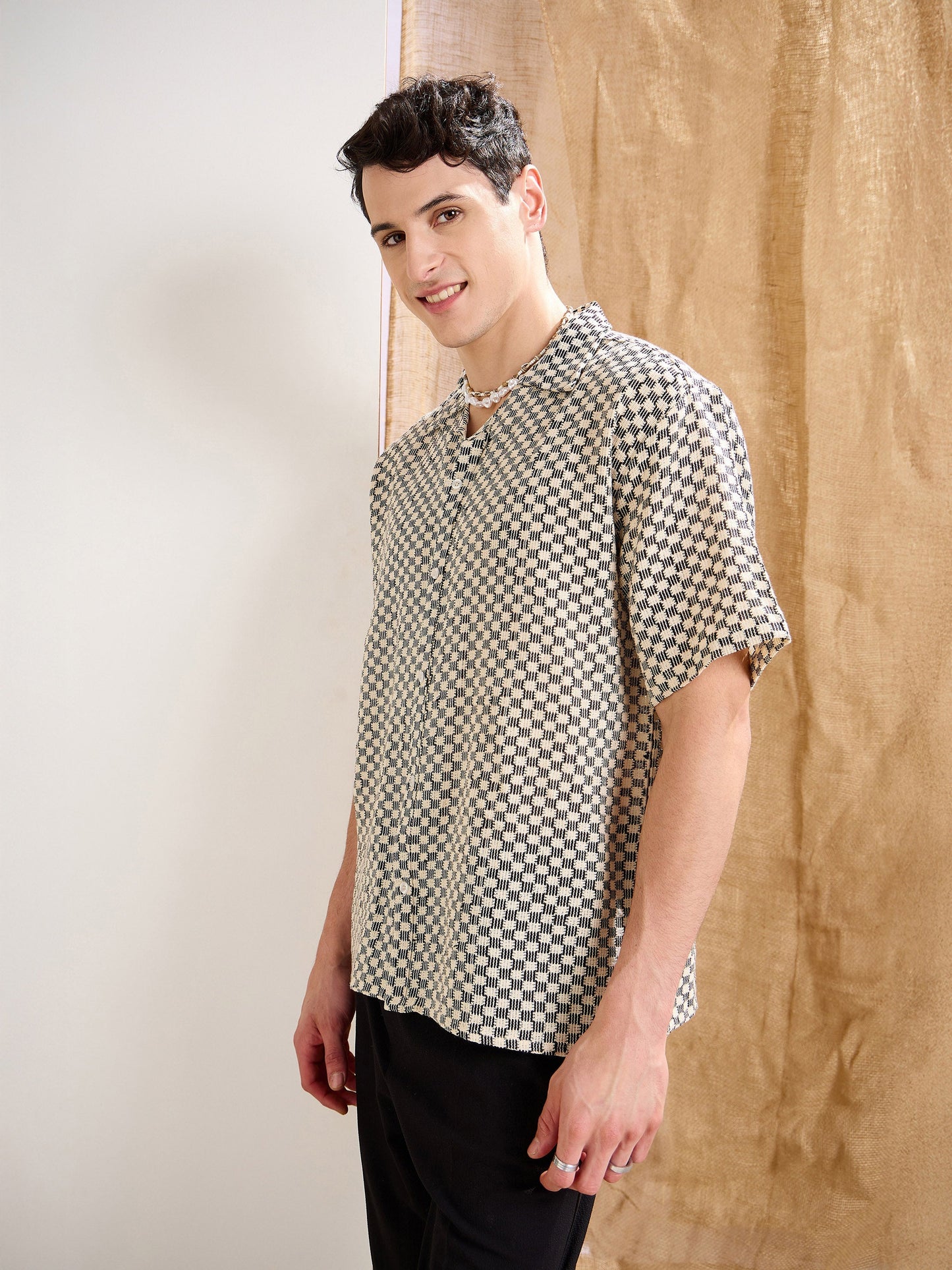 Men Beige & Black Textured Check V-Neck Collar Crochet Shirt