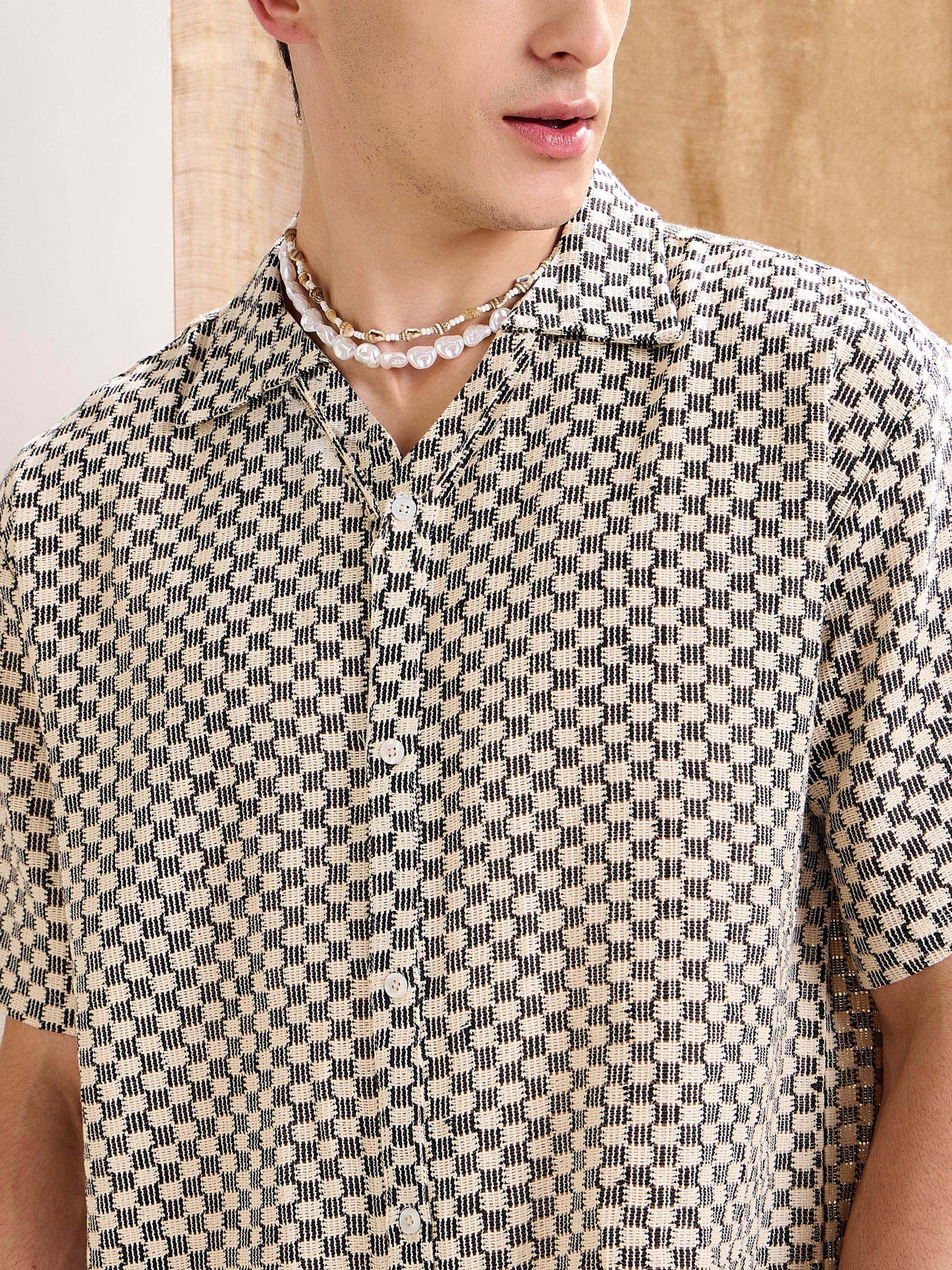 Men Beige & Black Textured Check V-Neck Collar Crochet Shirt