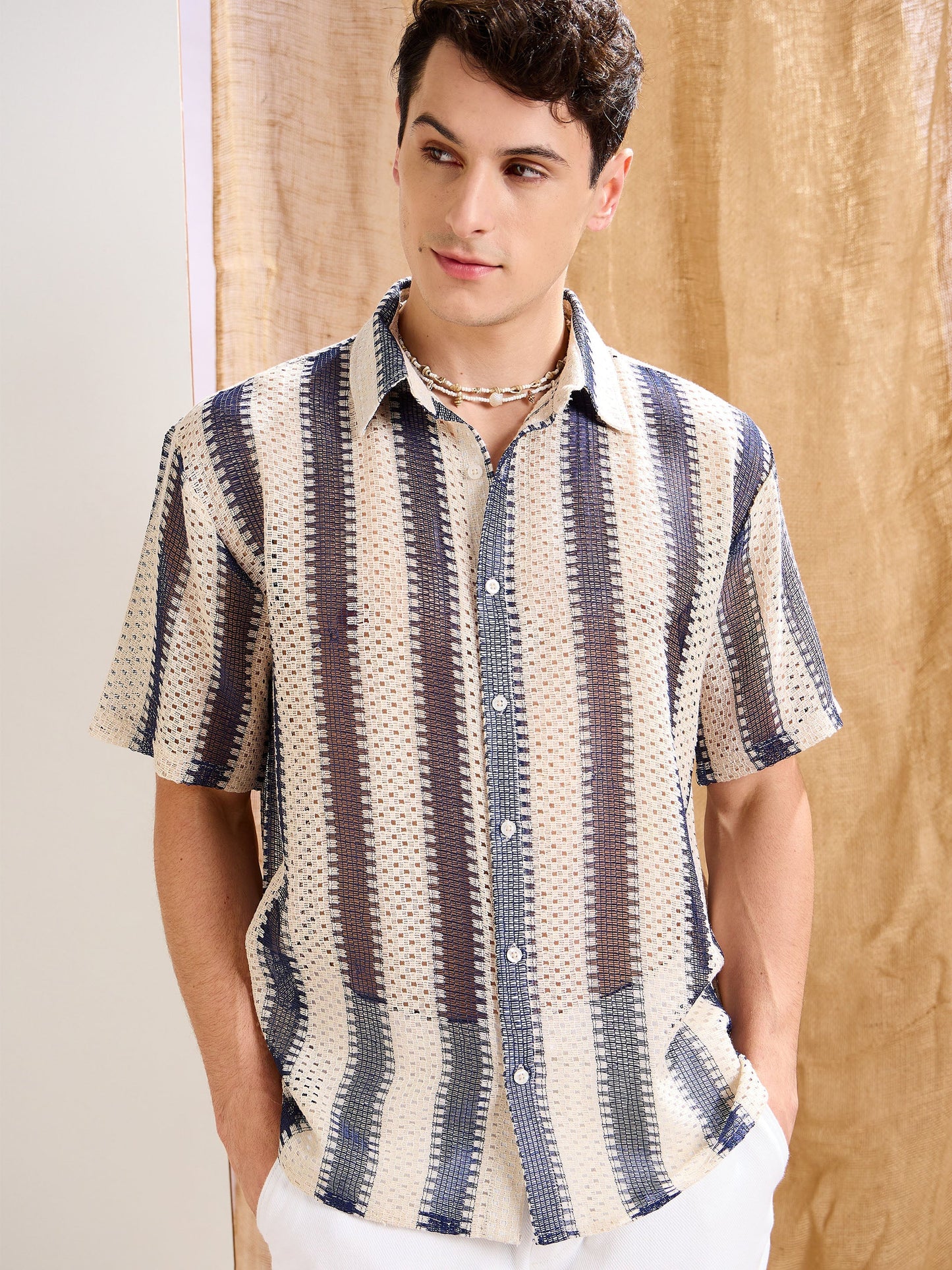 Men Beige & Navy Blue Stripes Relax Fit Crochet Shirt