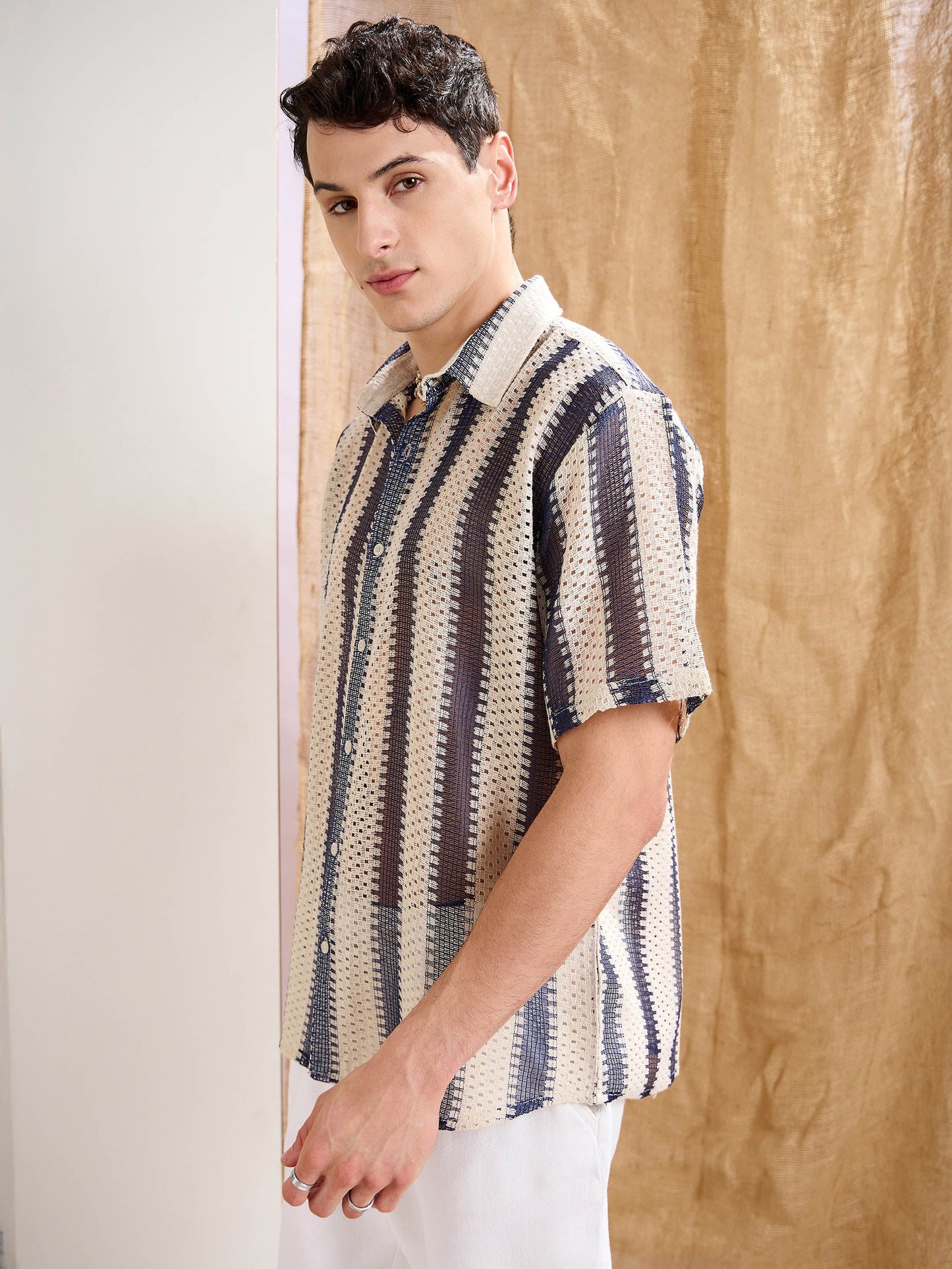 Men Beige & Navy Blue Stripes Relax Fit Crochet Shirt