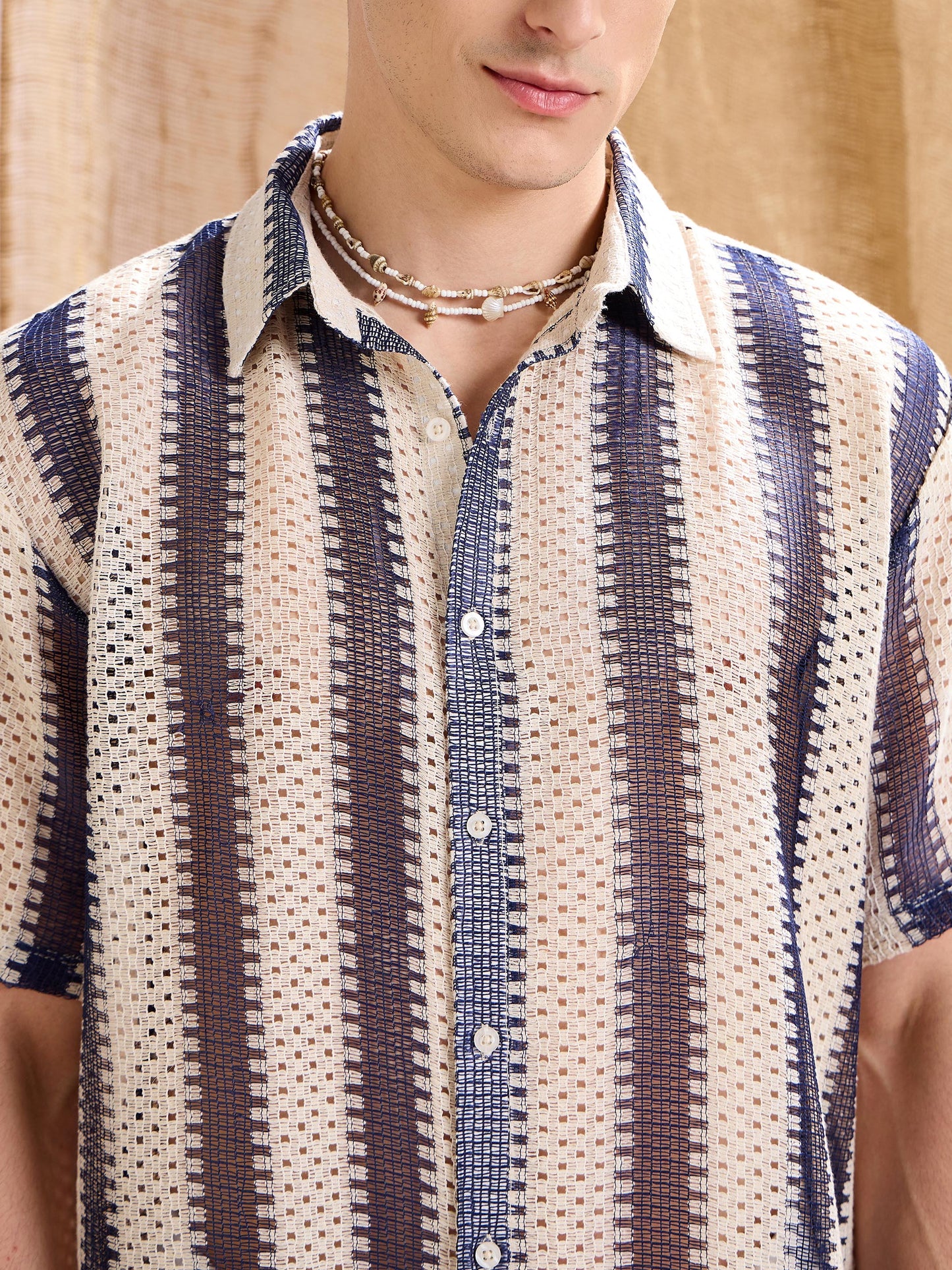 Men Beige & Navy Blue Stripes Relax Fit Crochet Shirt