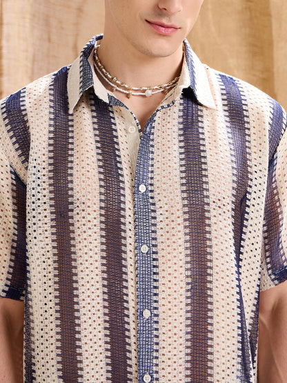 Men Beige & Navy Blue Stripes Relax Fit Crochet Shirt