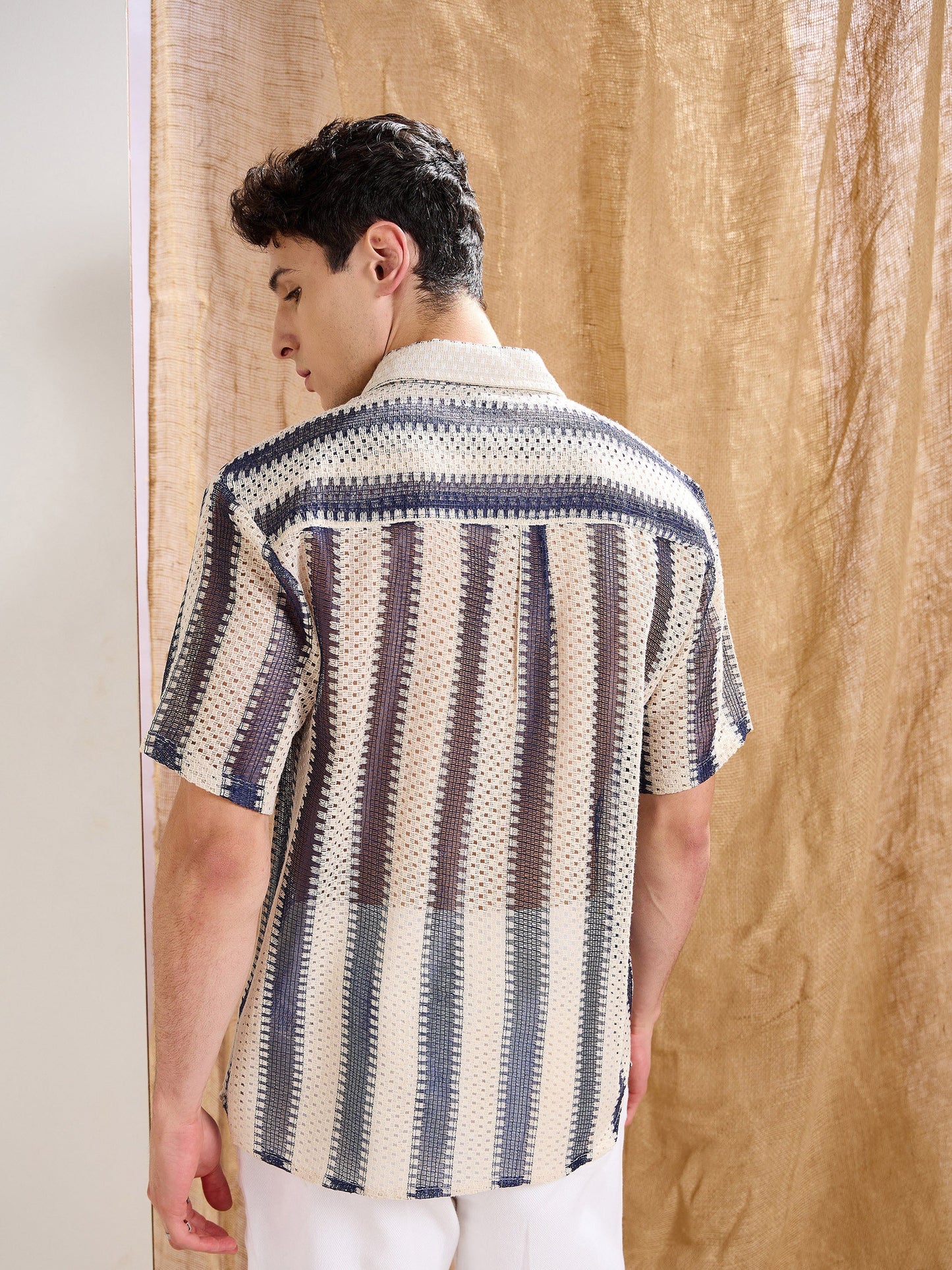 Men Beige & Navy Blue Stripes Relax Fit Crochet Shirt