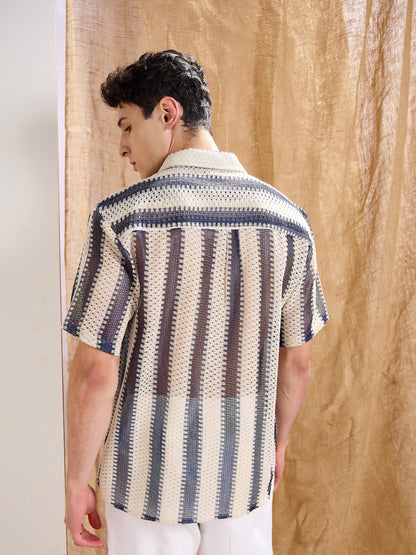 Men Beige & Navy Blue Stripes Relax Fit Crochet Shirt