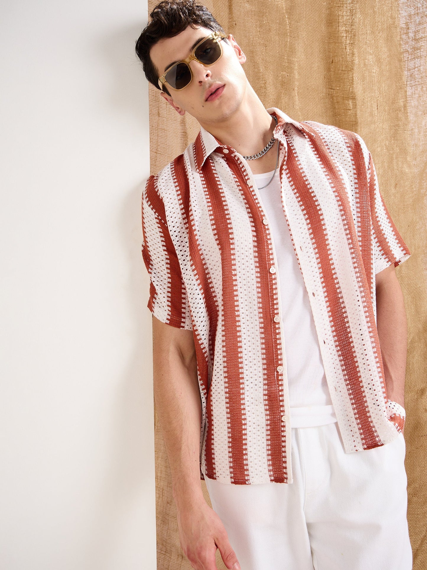 Men White & Rust Stripes Relax Fit Crochet Shirt