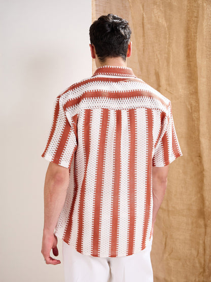 Men White & Rust Stripes Relax Fit Crochet Shirt