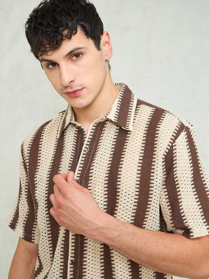 Men Beige & Brown Stripes Relax Fit Crochet Shirt