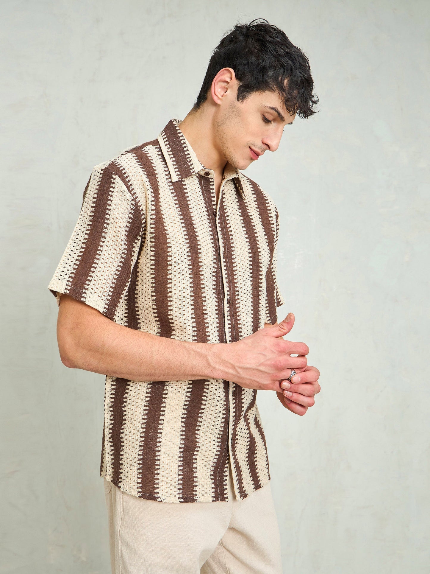 Men Beige & Brown Stripes Relax Fit Crochet Shirt