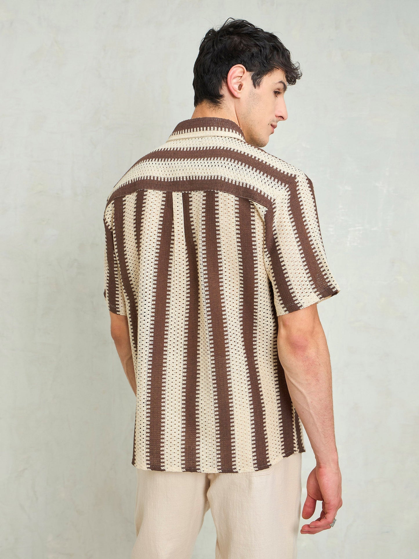 Men Beige & Brown Stripes Relax Fit Crochet Shirt