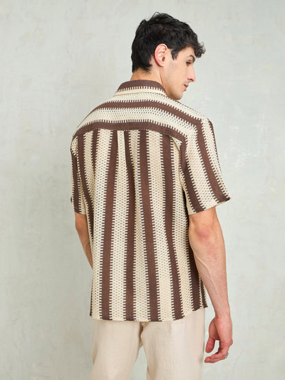 Men Beige & Brown Stripes Relax Fit Crochet Shirt