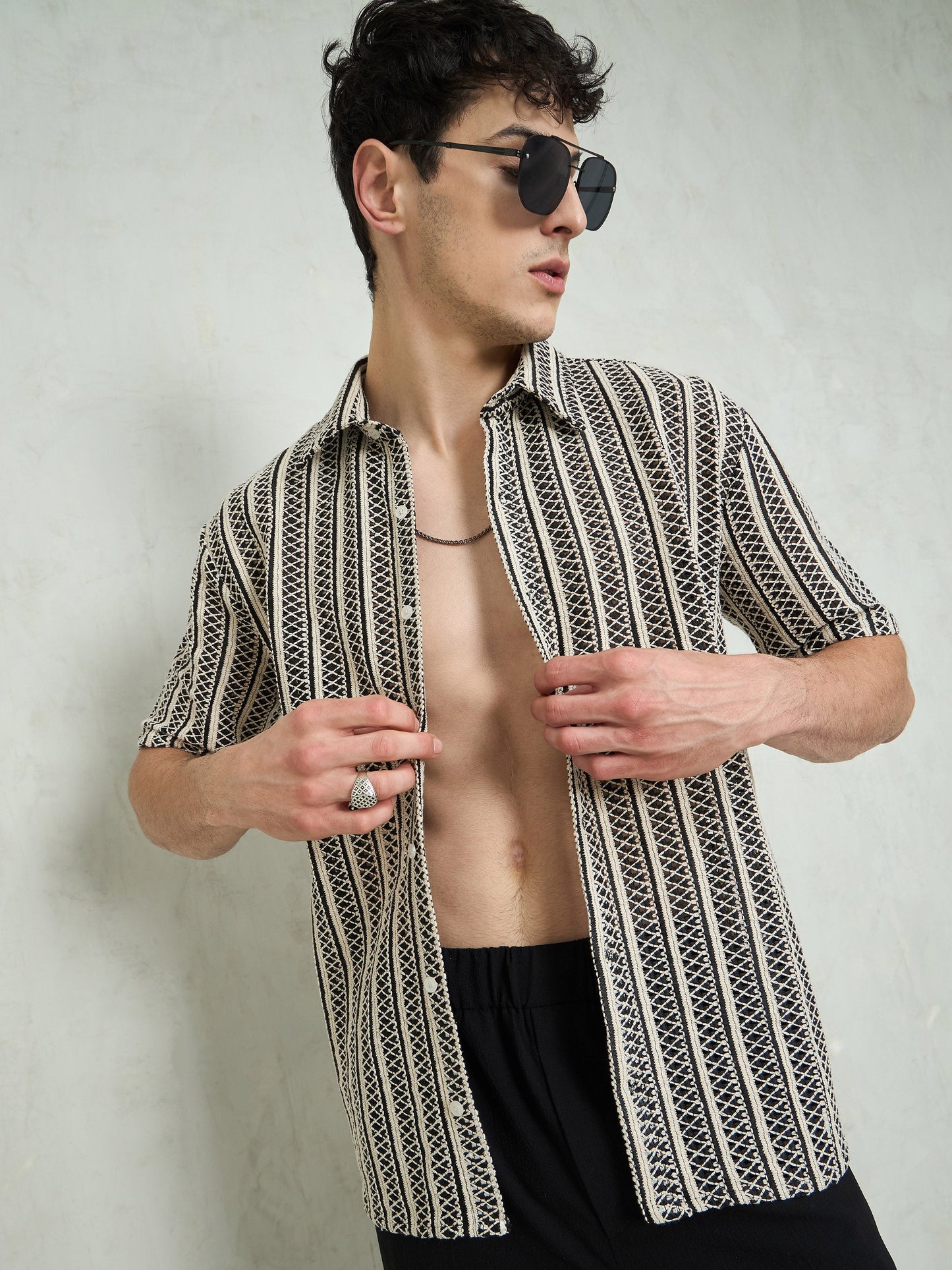 Men Black & Beige Lace Relax Fit Shirt