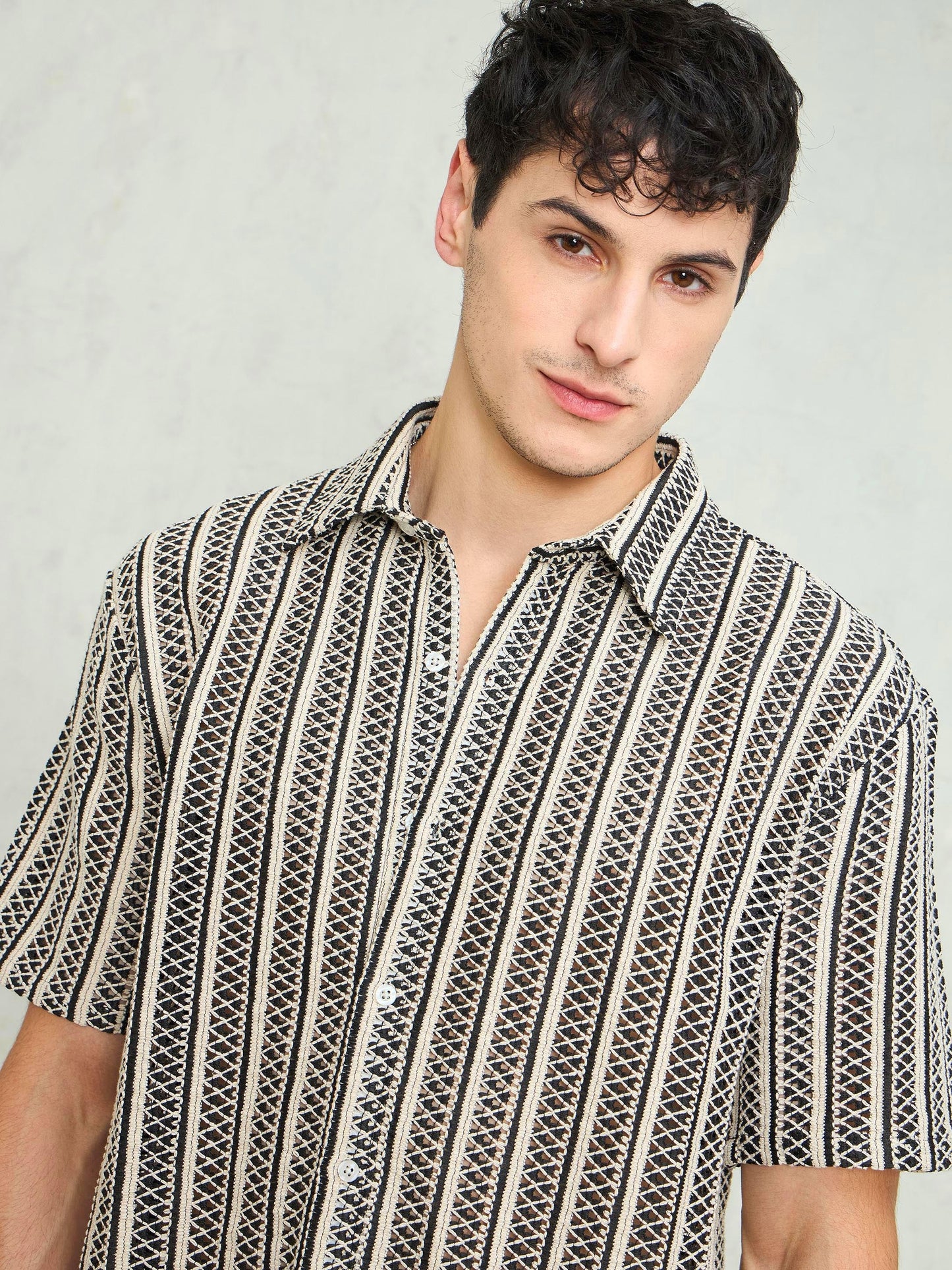 Men Black & Beige Lace Relax Fit Shirt