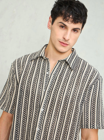 Men Black & Beige Lace Relax Fit Shirt