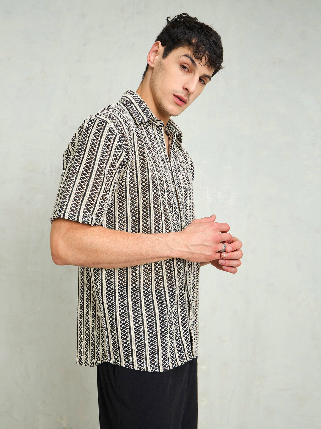 Men Black &amp; Beige Lace Relax Fit Shirt