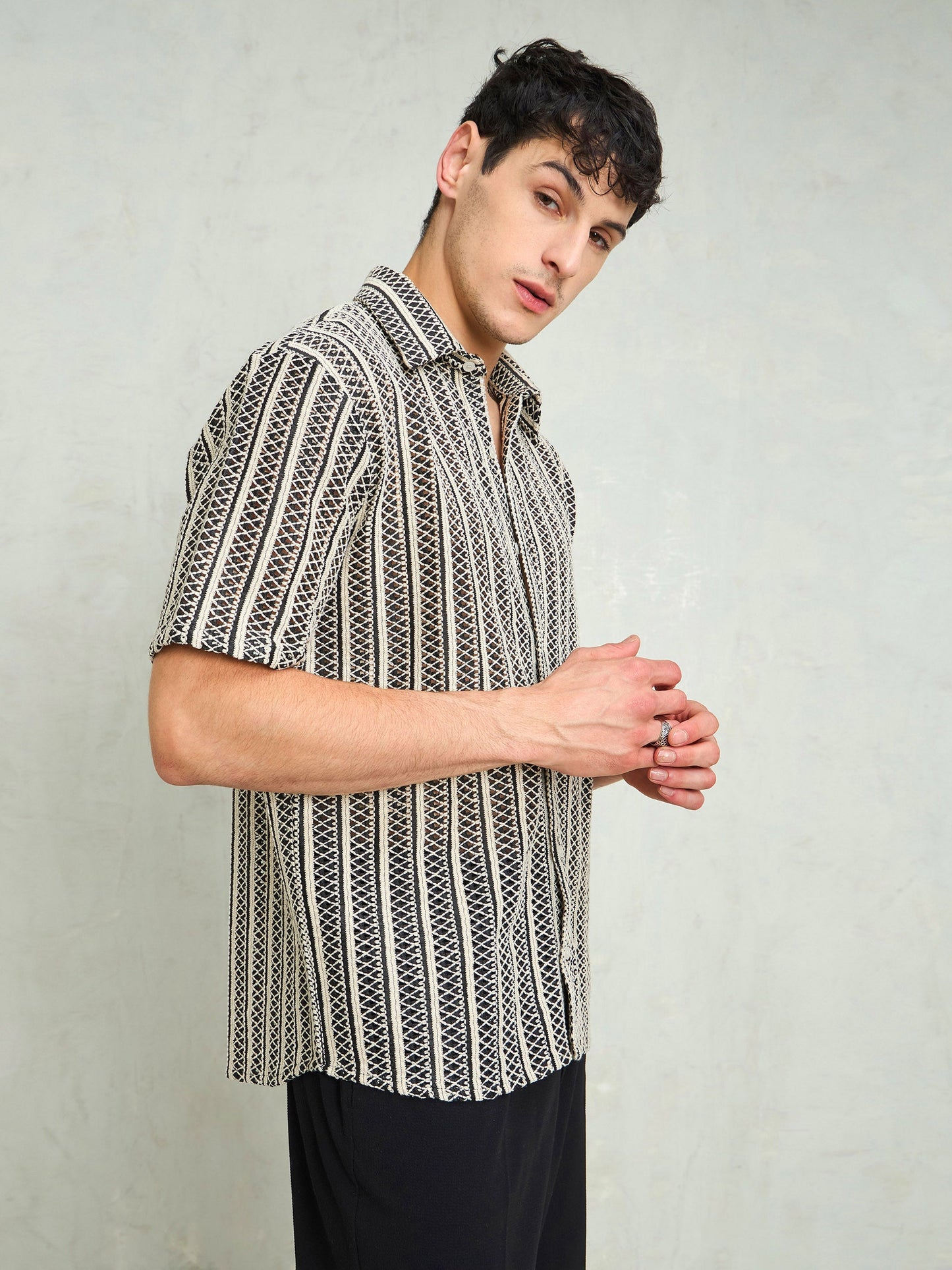 Men Black & Beige Lace Relax Fit Shirt