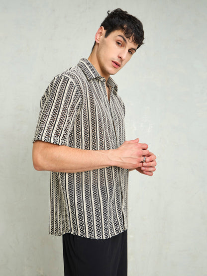 Men Black & Beige Lace Relax Fit Shirt