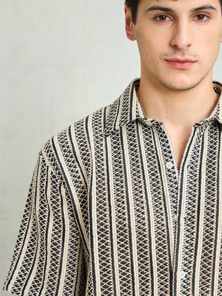 Men Black &amp; Beige Lace Relax Fit Shirt