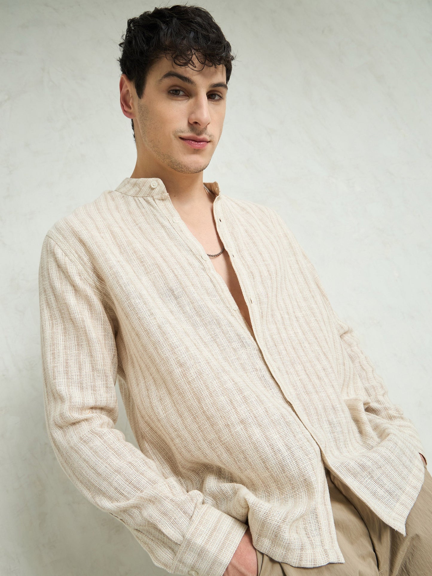 Men Beige & Brown Cotton Stripes Mandarin Collar Relax Fit Shirt