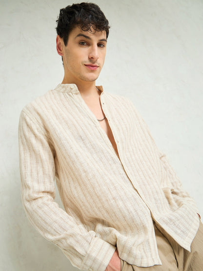 Men Beige & Brown Cotton Stripes Mandarin Collar Relax Fit Shirt