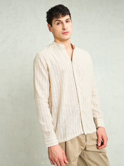 Men Beige & Brown Cotton Stripes Mandarin Collar Relax Fit Shirt