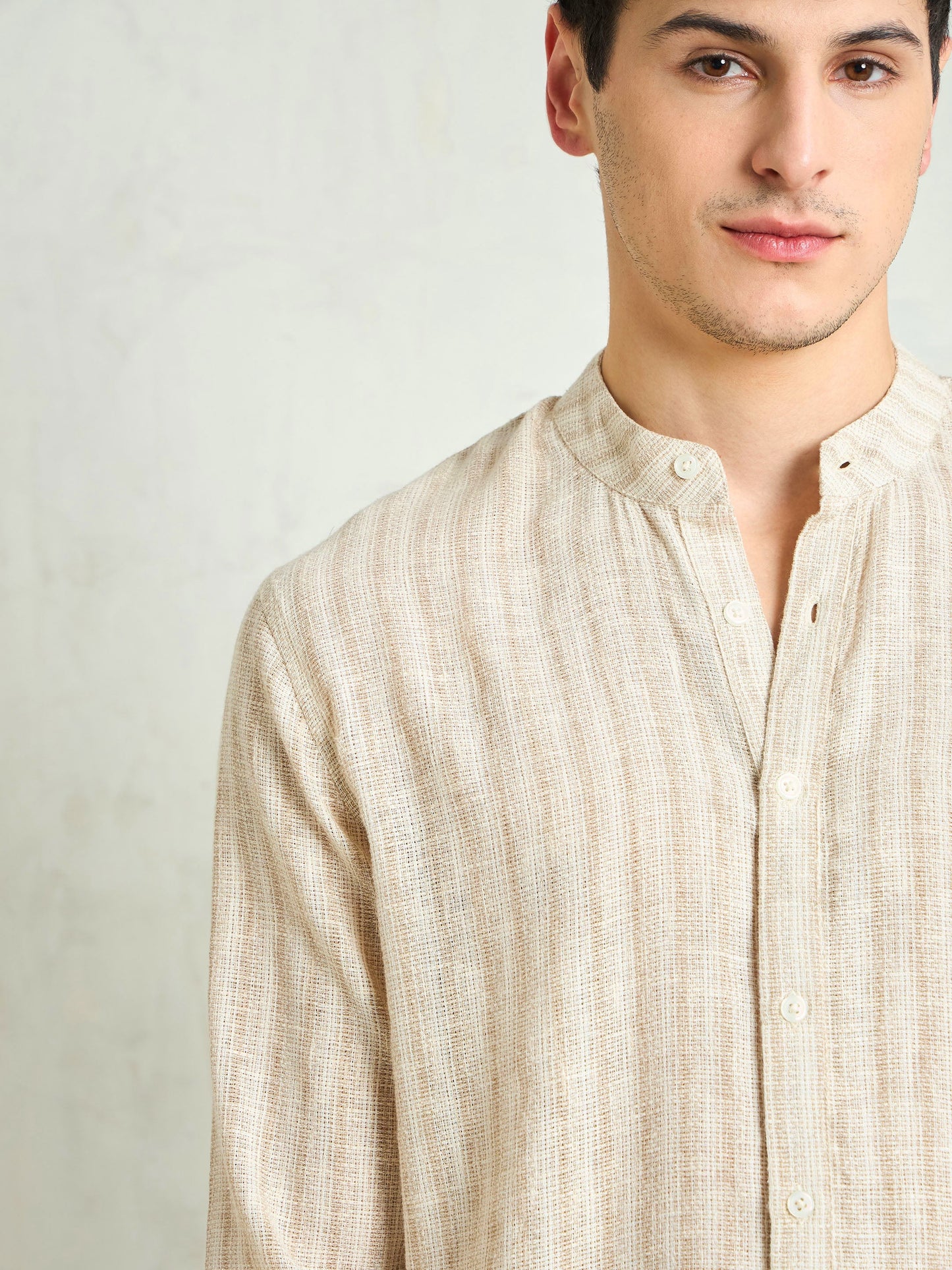 Men Beige & Brown Cotton Stripes Mandarin Collar Relax Fit Shirt