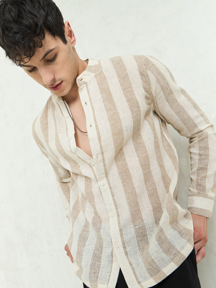 Men Brown &amp; Beige Cotton Stripes Mandarin Collar Relax Fit Shirt