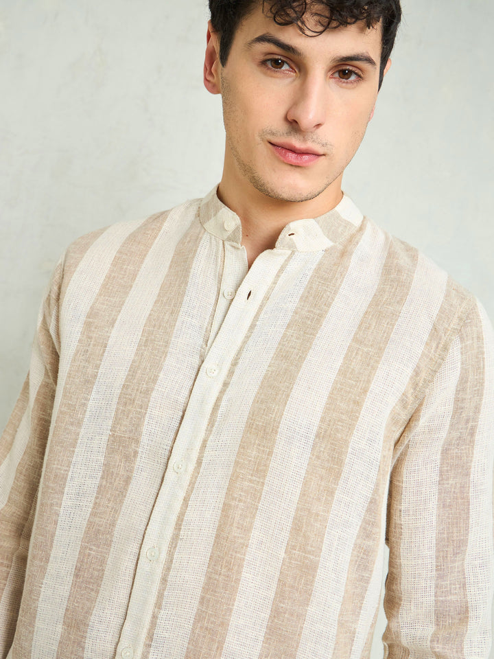 Men Brown &amp; Beige Cotton Stripes Mandarin Collar Relax Fit Shirt