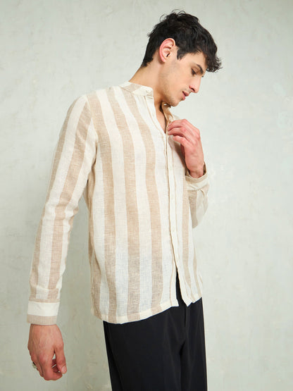 Men Brown & Beige Cotton Stripes Mandarin Collar Relax Fit Shirt
