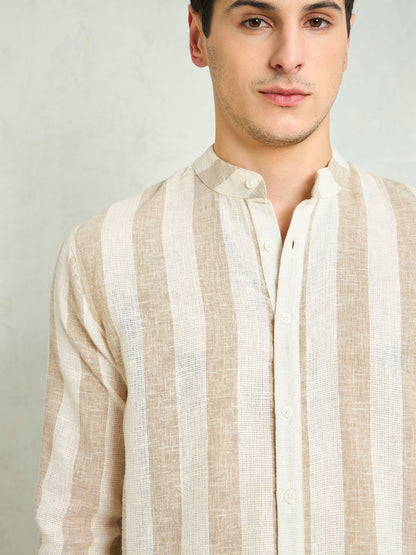 Men Brown & Beige Cotton Stripes Mandarin Collar Relax Fit Shirt