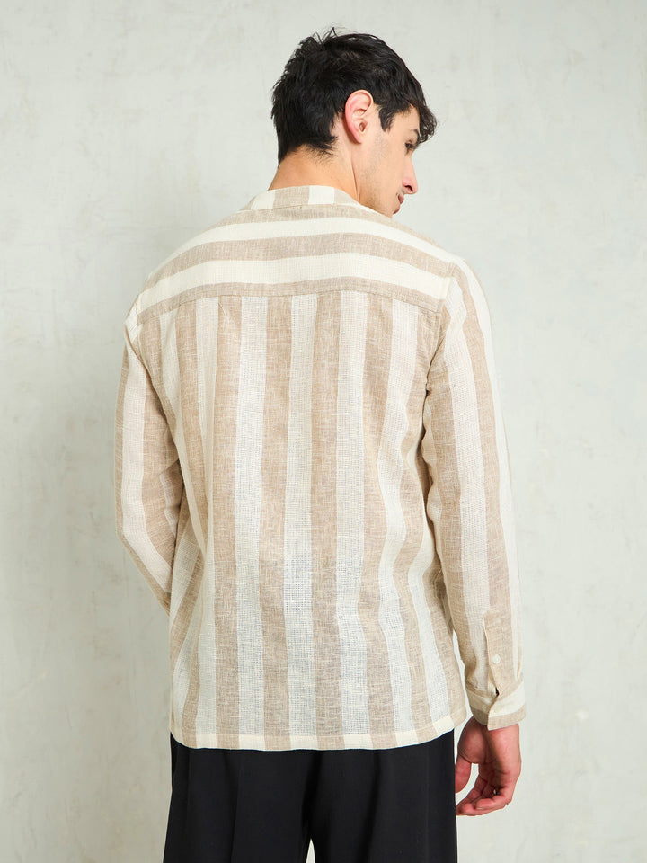 Men Brown &amp; Beige Cotton Stripes Mandarin Collar Relax Fit Shirt
