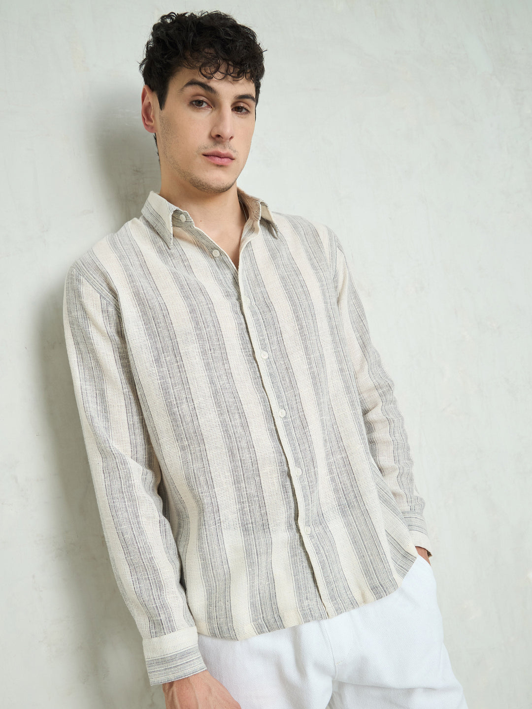 Men Beige &amp; Grey Cotton Stripes Relax Fit Shirt