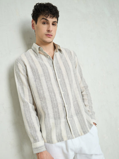 Men Beige & Grey Cotton Stripes Relax Fit Shirt
