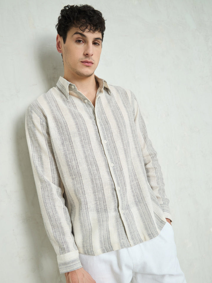 Men Beige &amp; Grey Cotton Stripes Relax Fit Shirt