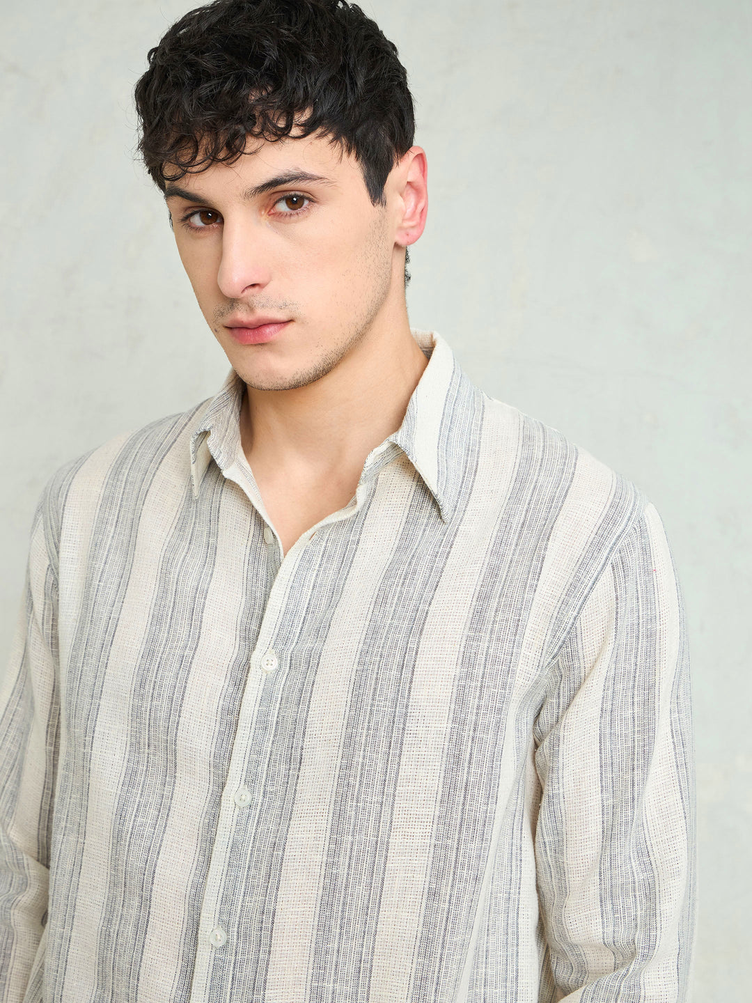 Men Beige &amp; Grey Cotton Stripes Relax Fit Shirt