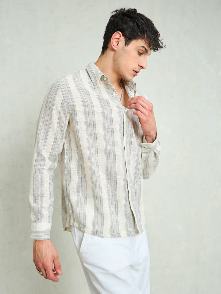 Men Beige &amp; Grey Cotton Stripes Relax Fit Shirt