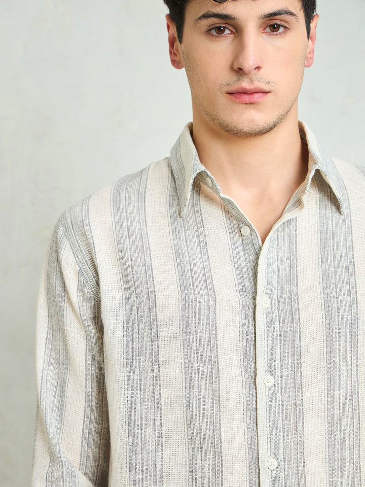Men Beige &amp; Grey Cotton Stripes Relax Fit Shirt