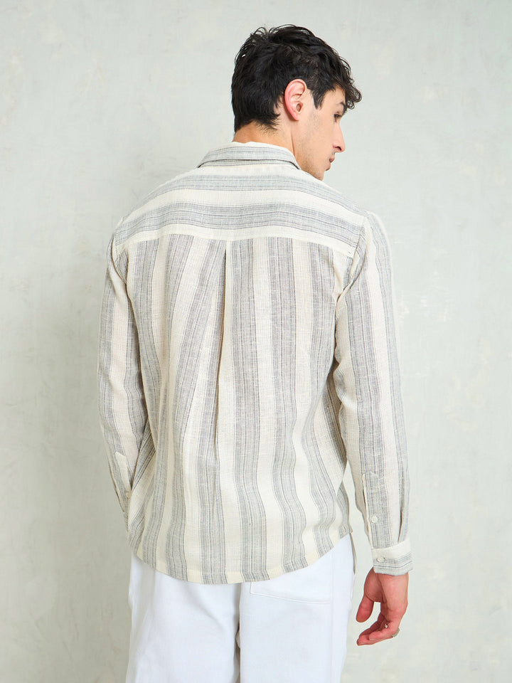 Men Beige &amp; Grey Cotton Stripes Relax Fit Shirt