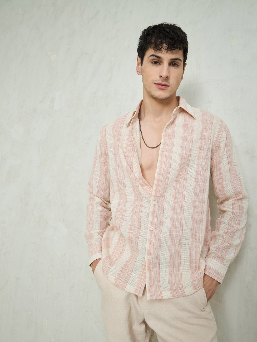 Men Beige &amp; Pink Cotton Stripes Relax Fit Shirt