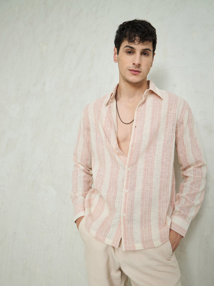 Men Beige &amp; Pink Cotton Stripes Relax Fit Shirt