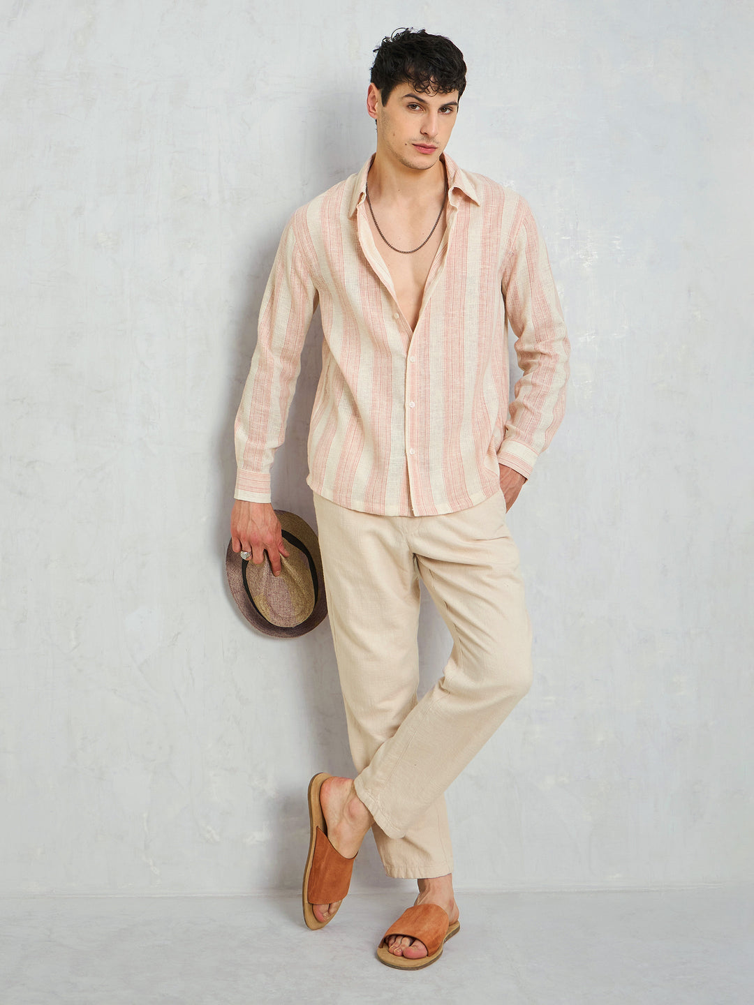 Men Beige &amp; Pink Cotton Stripes Relax Fit Shirt